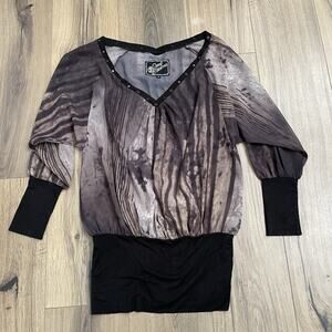 Soul Revival Y2K Small Stud Embellished V Neck Banded Black Gray Sheer Tunic Top